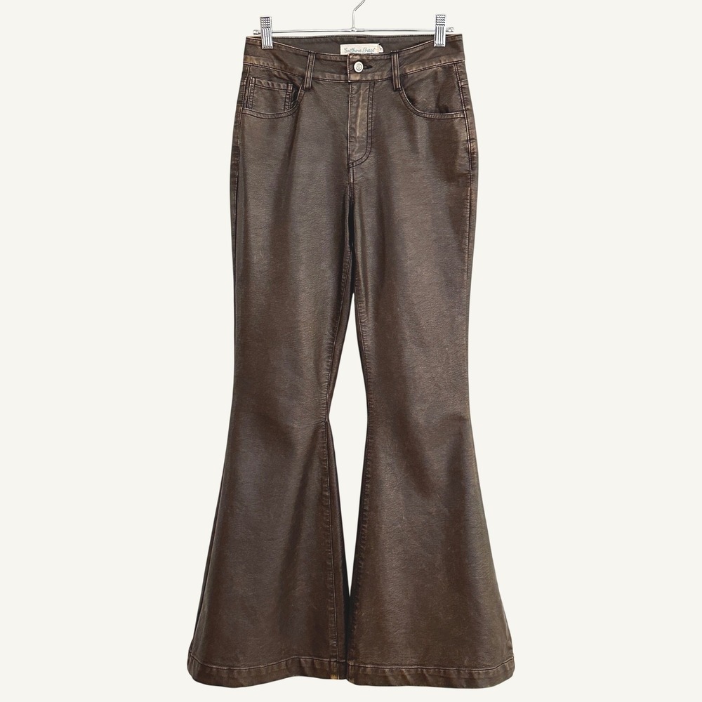 Southern Grace Womens Pants L Brown Faux Leather Flare Bell Bottom Boho Western